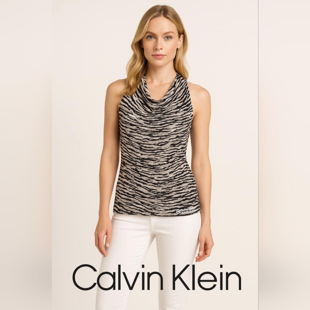 Calvin Klein Black and White Zebra Nightout Style Summer Animal  Women's Top SzL